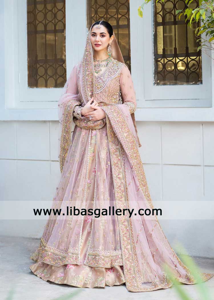 Luxury Rose Pink Bridal Peshwas Lehenga with Hand Embellishments