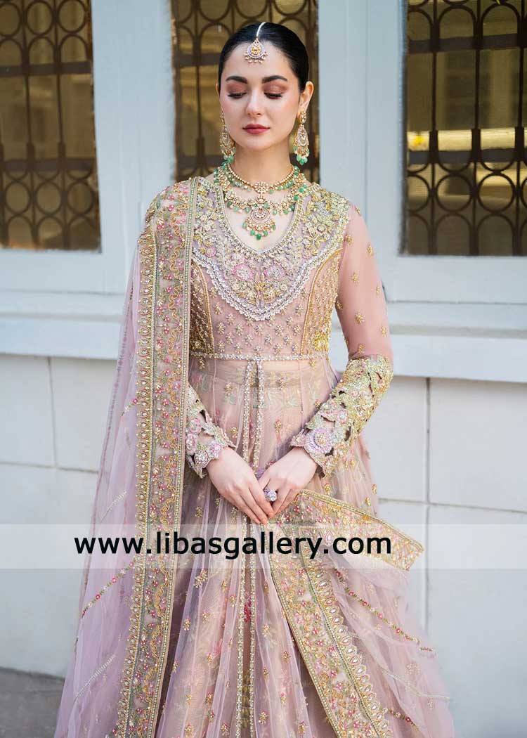 Luxury Rose Pink Bridal Peshwas Lehenga with Hand Embellishments