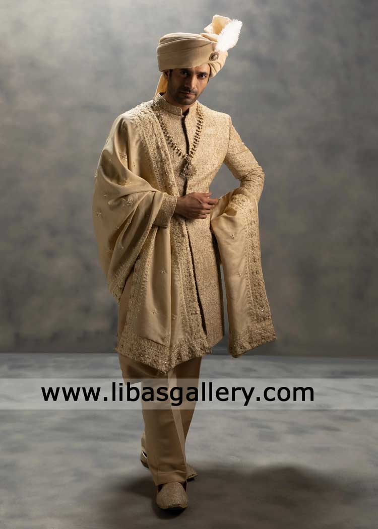 Royal Beige Wedding Sherwani Heavy Embellished for Groom