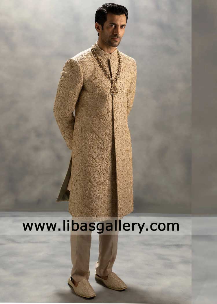 Royal Beige Gold Complete Desi Groom Wedding Sherwani