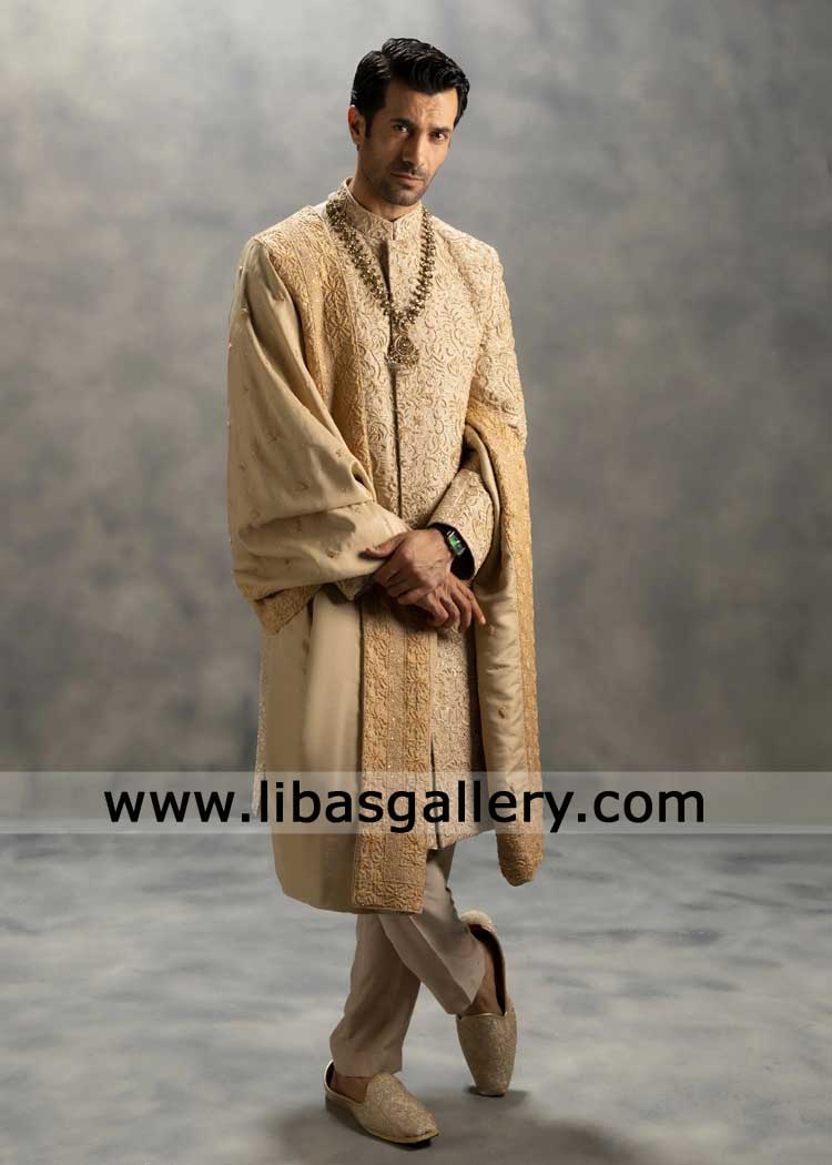 Royal Beige Gold Complete Desi Groom Wedding Sherwani