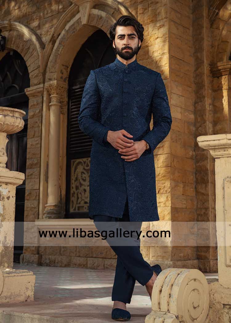 Royal Blue Embroidered Sherwani for Groom Nikah