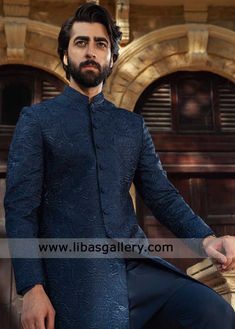 Royal Blue Embroidered Sherwani for Groom Nikah