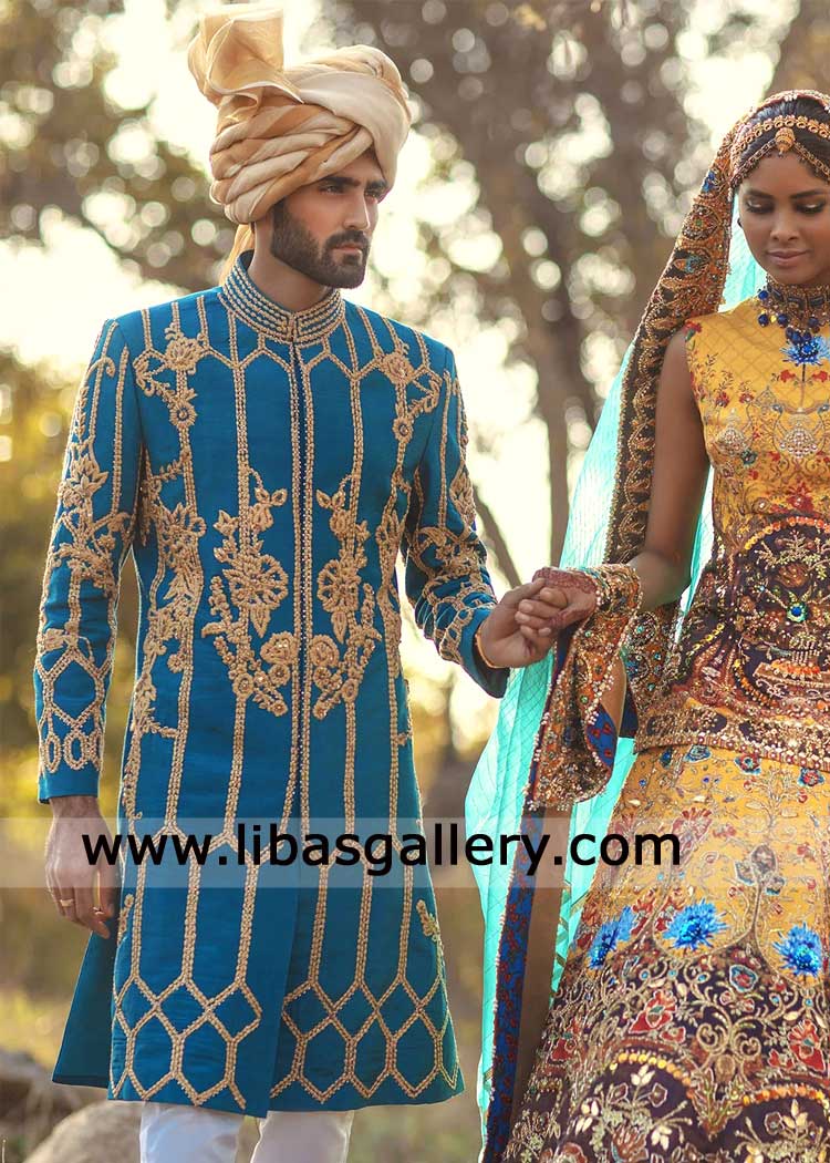 Royal Blue Sherwani with Gold Hand Embellishment