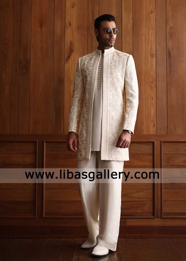 Royal Light beige open embroidered Groom prince coat