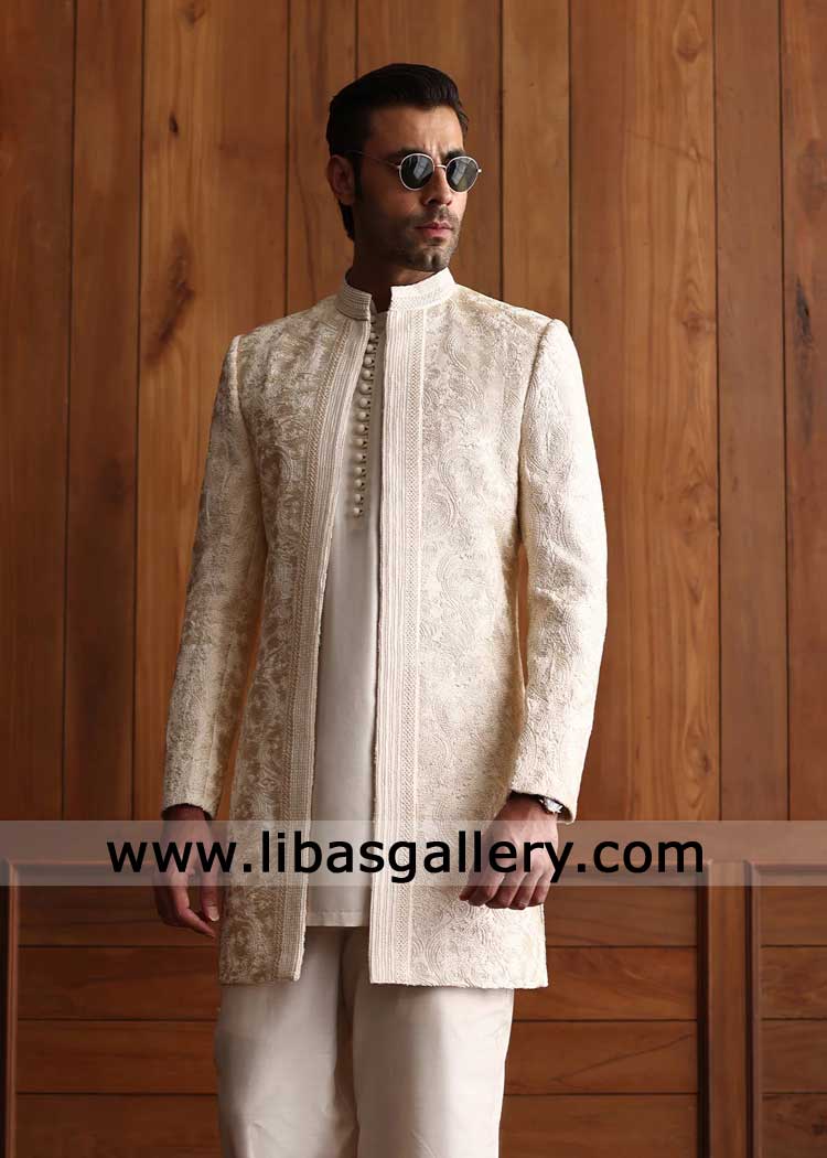 Royal Light beige open embroidered Groom prince coat