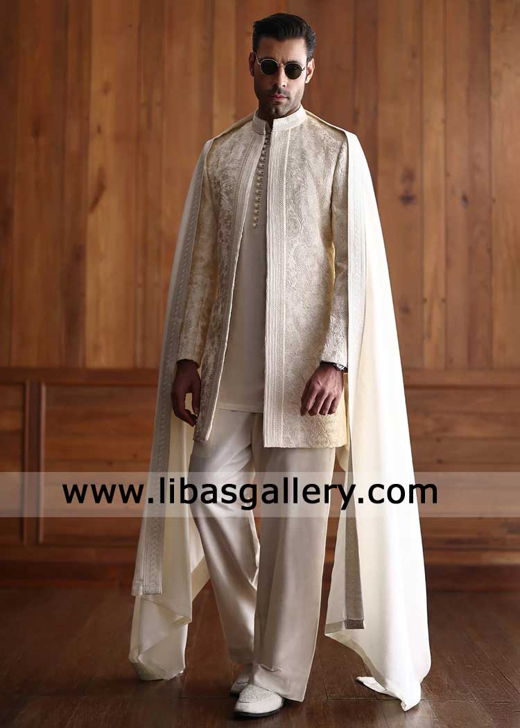 Royal Light beige open embroidered Groom prince coat