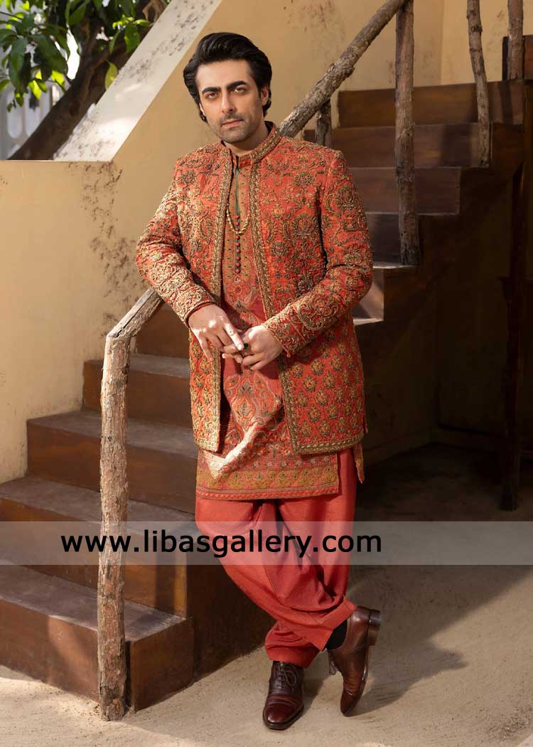 Rust Antique embroidered Raw silk groom sherwani