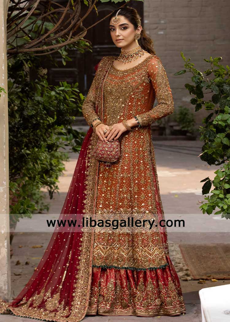 Rust Chiffon Panelled Shirt with Red Jamawar Lehenga