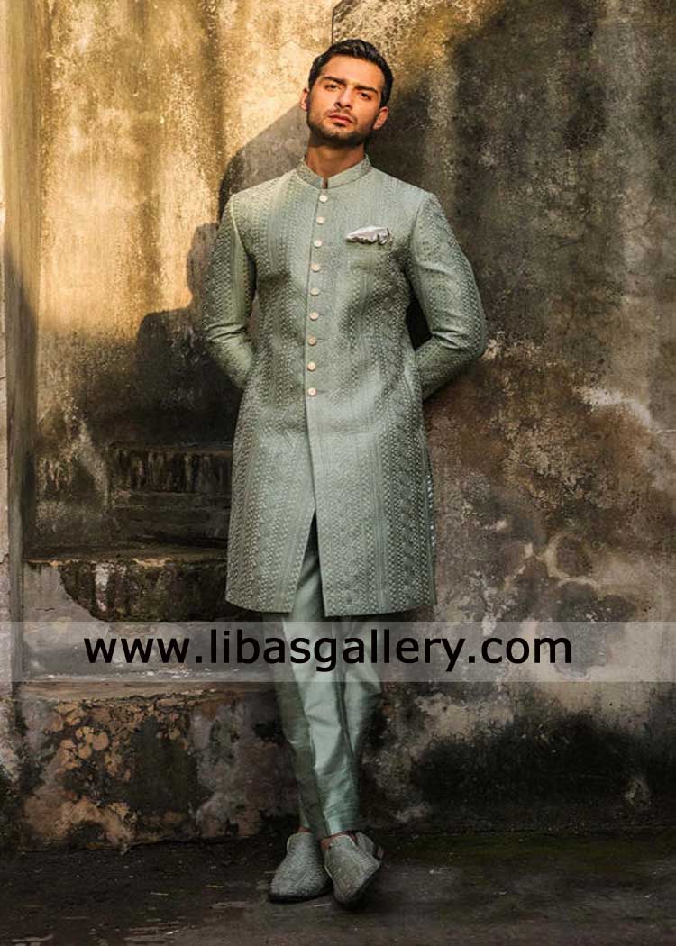 Sage Green Groom Embroidered Wedding Sherwani Style
