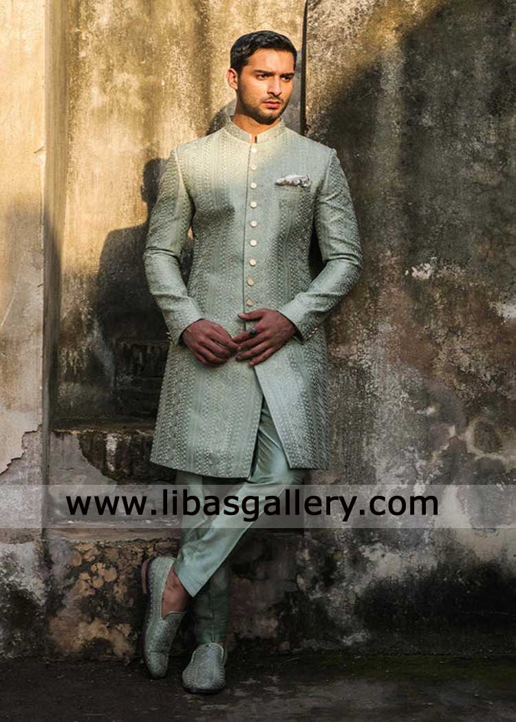 Sage Green Groom Embroidered Wedding Sherwani Style