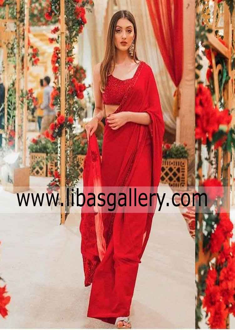 red beautiful designer saree hand embellished neha rajput showing for fashion lover newly married women girls uk usa canada 