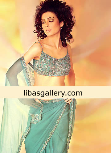 Aqua Mist fully embellished Blouse and Saree,Pakistani Indian Saree Designers Designer Saree Sarees