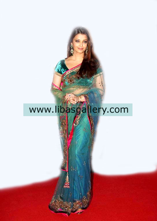 Black Blue Designer Saree,Pakistani Designer Saree Sari,Black Chiffon Sari,Embroidered Sarees Pakistan