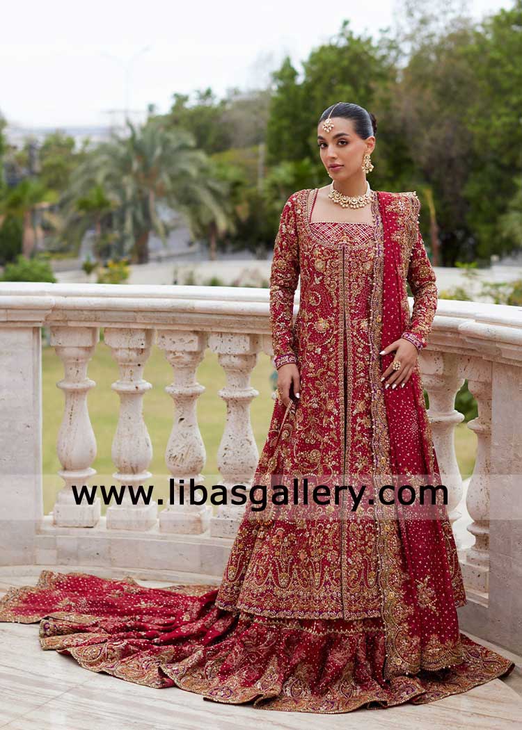 Deep Red Front open Bridal Shirt and Farshi Lehenga