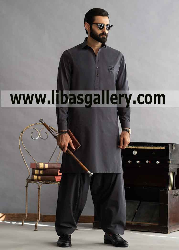 Grey Male Kameez Shalwar with velvet applique