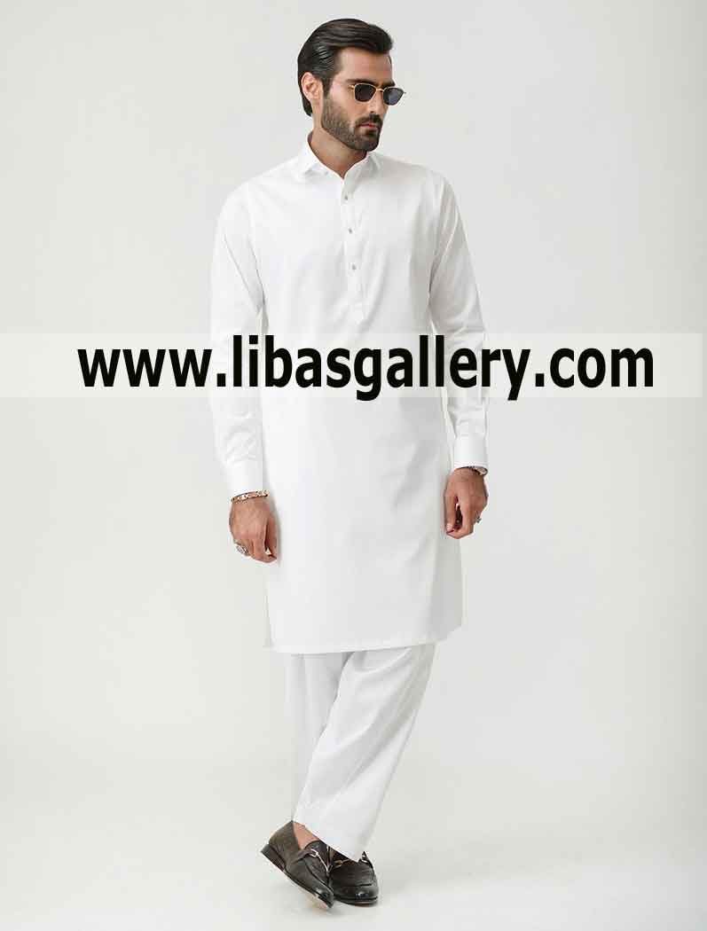 White shalwar kameez professional tailor stitched stylish man is ready for dinner with bride at kfc Sugarland Texas USA