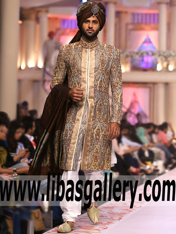 Luxurious gray antique gold Jamawar Sherwani Suit for Groom