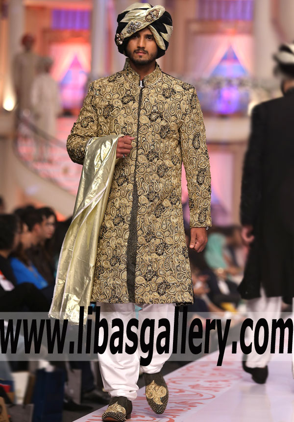 Lustrous Heavy Embroidered Banarasi Jamawar Groom Sherwani Suit for Wedding