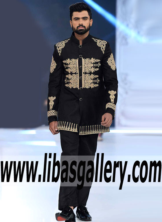 Black dull gold short length indo western sherwani style in raw silk with fancy gold buttons closure Cardiff Carlton london southhall UK