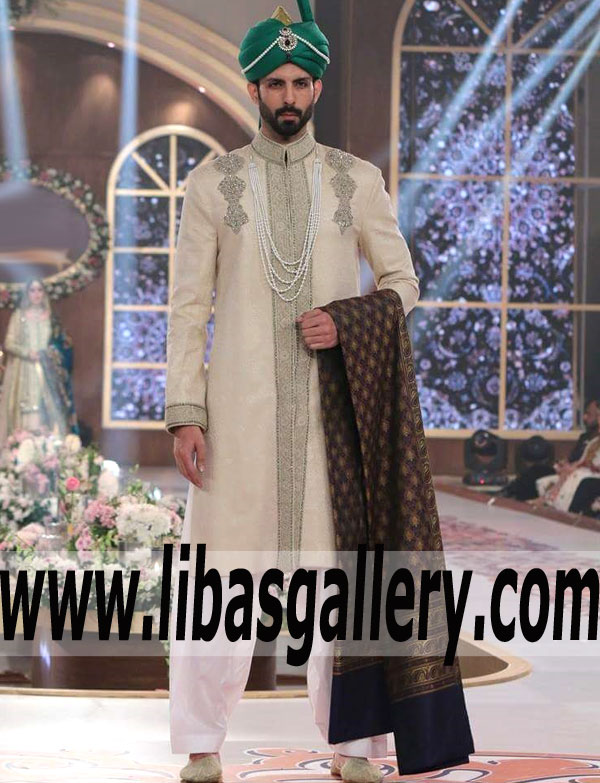 Grandiose Style Jamawar Sherwani Suit Ideal for Wedding and Social Events