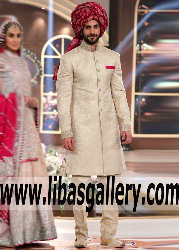 Decent Look Jamawar Groom Sherwani for Wedding and Special Occasions