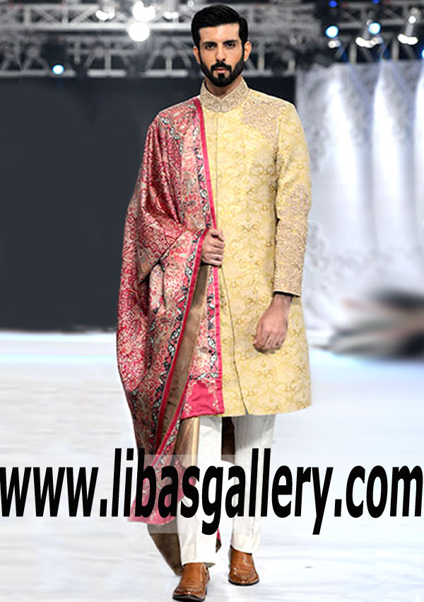 bandhgala jamawar embellished wedding sherwani groom kora dabka thread  shop online Oakland California USA
