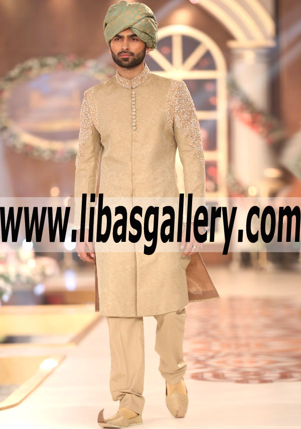 Embroidered arms and collar sherwani with series of buttons pre tied turban and khussa on order Bristol Canterbury UK