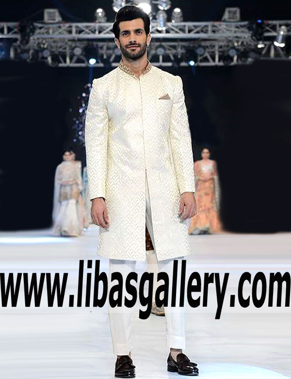 off white sherwani for gents to visit in law home with wife to attend eid milan party book your order online pakistan bangladesh saudi arabia
