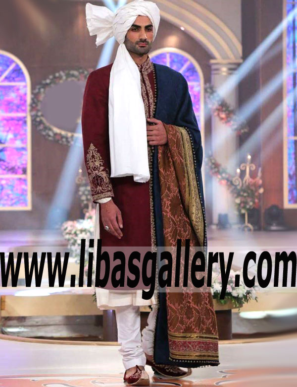 PC Fabric Maroon Menswear Sherwani for Formal and Social Events