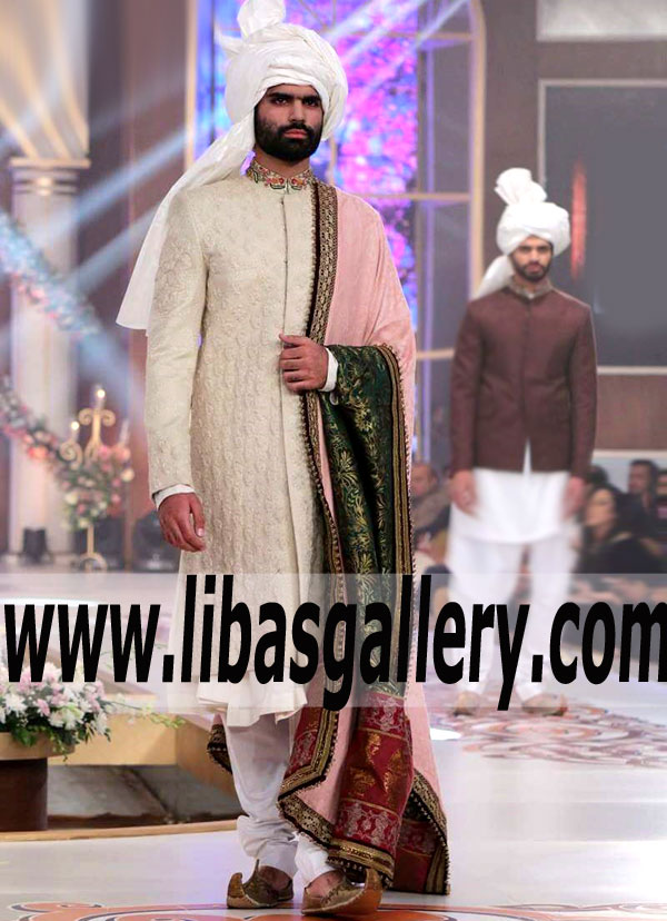 off white self print jamawar groom sherwani jacket for nikah and barat day place order now for UK USA Canada
