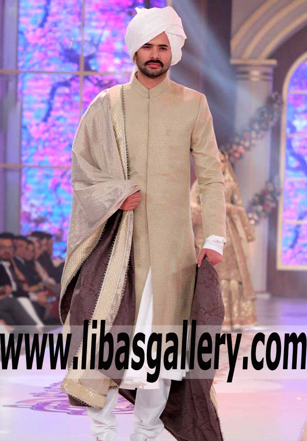 Designer groom gold Jamawar Sherwani for groom nikah barat day