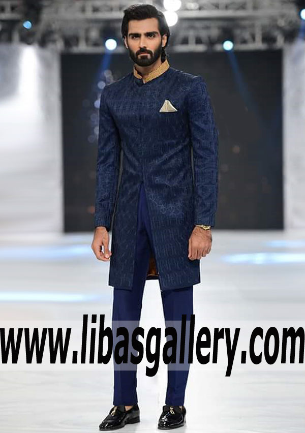 terrific jamawar blue sherwani for slim fit groom gold hand crafted on collar compliment with pants dubai abu dhabi sharjah uae