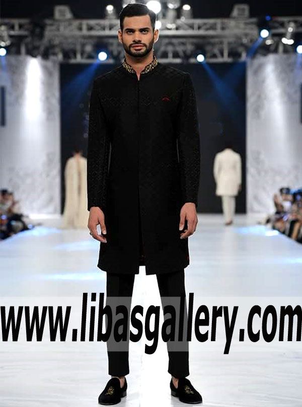 black embellished Groom sherwani kora dabka crystal work on collar shop online Jeddah Riyadh Saudi Arabia