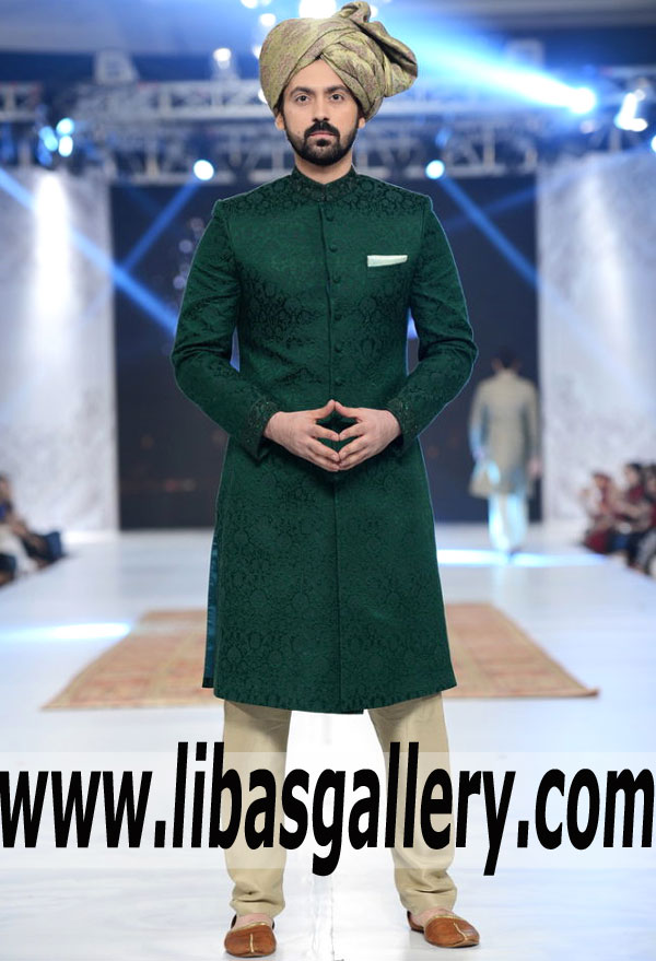 self print jamawar dark green groom sherwani embellishment on collar and sleeves france germany dubai norway