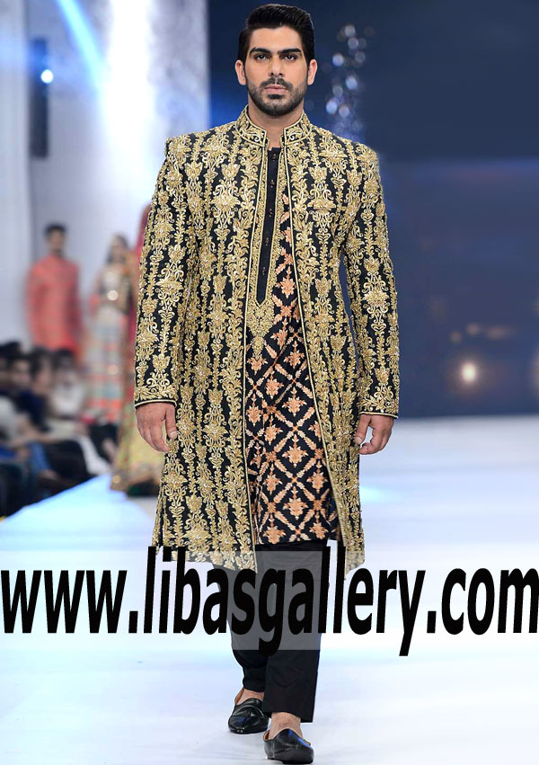 black heavy gold embroidered groom nikah barat button less sherwani with inner embroidered kurta Arlington Texas USA