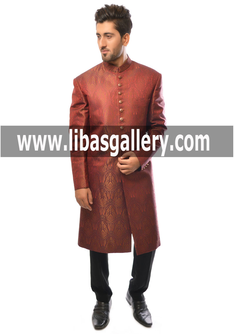 Cute Couple Willing to look Handsome in Red Maroon Designer Sherwani Suit on Wedding Day Sherwani Suit in different colors and fabrics USA UK Canada