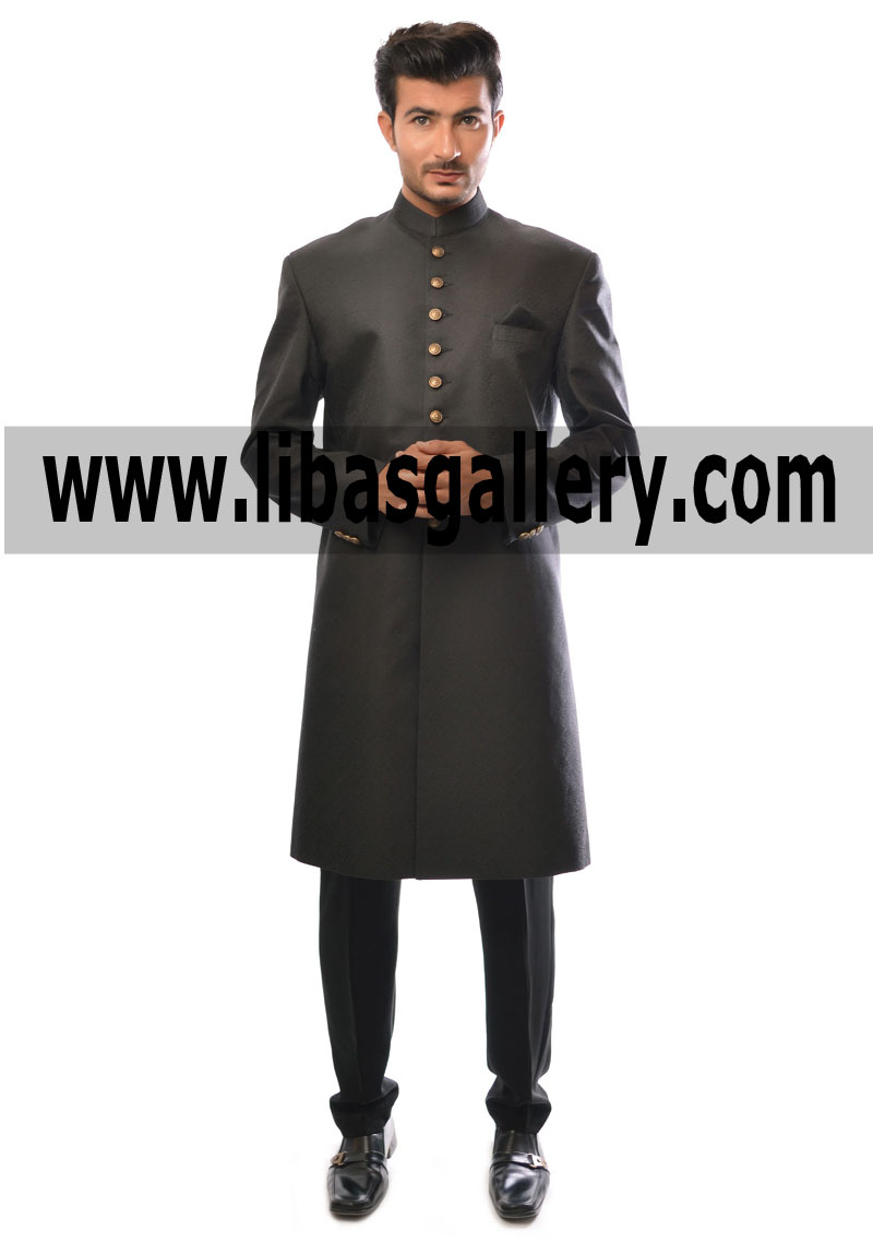 Black Sherwani Suit plain with fancy buttons on front high quality fabric long length sherwani suit for Groom Dulha 2017 Australia Perth Melbourne Sydney