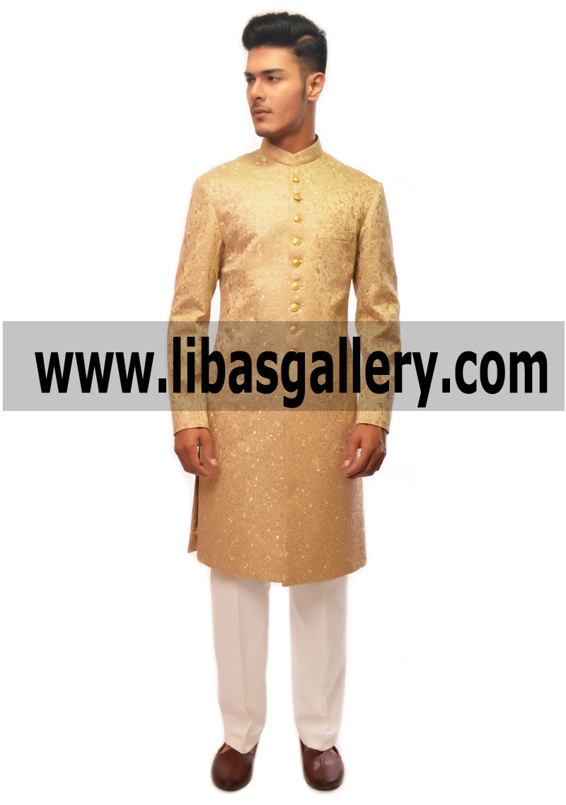 Faun Gold Sherwani Shop Amir adnan items for Groom wedding Wedding package Men’s wear Eastern Europe