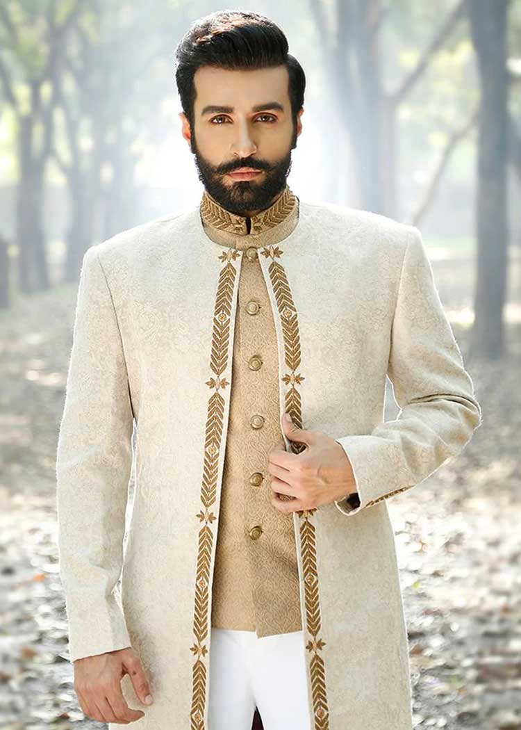 Light Shade Stylish Designer Wedding Sherwani Suit with Collar work in Fancy Jamawar Banarsi Fabric for Groom 2017 end