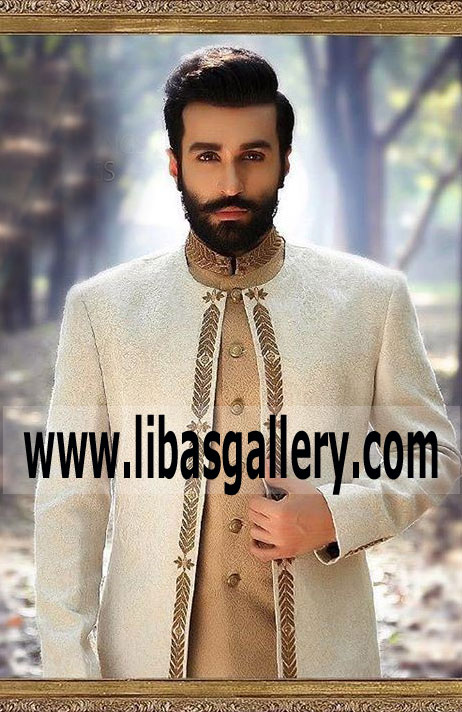 Light Shade Stylish Designer Wedding Sherwani Suit with Collar work in Fancy Jamawar Banarsi Fabric for Groom 2017 end