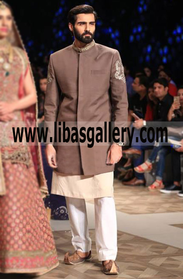 Designer Sherwani Suit with Embroidery Motif on Arm for Groom wedding