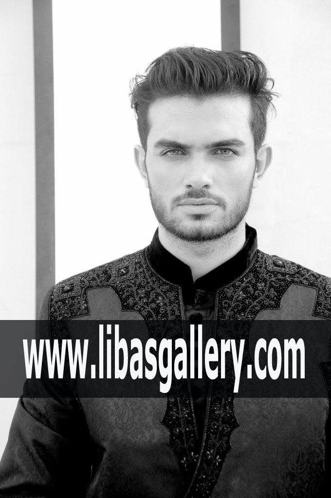 Black Sherwani with Front Side Embellishement for Groom and Father of Groom UAE Dubai Sharjah Abu dhabi 2018