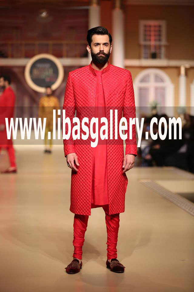 Full Embroidered Bespoke wedding Sherwani Suit red for Groom dulha