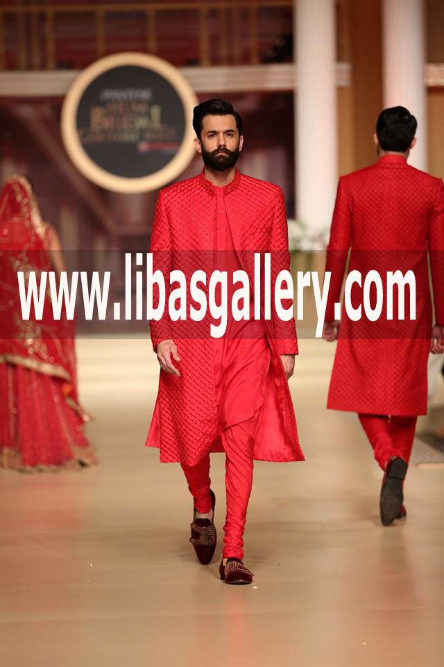 Full Embroidered Bespoke wedding Sherwani Suit red for Groom dulha