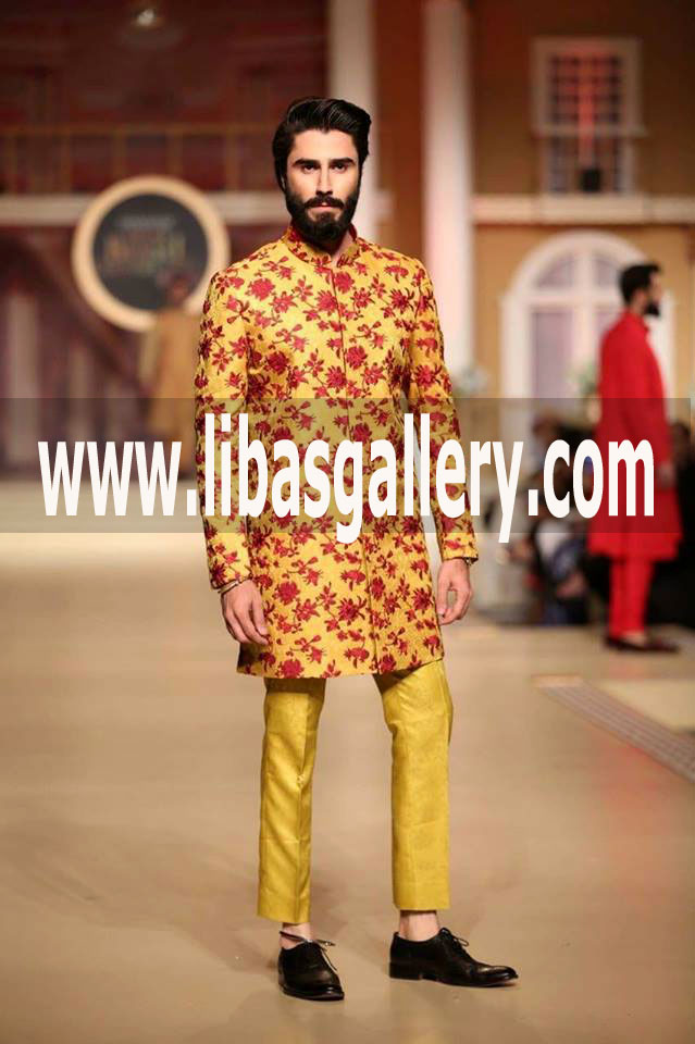 Sherwani Mango Color with Trouser for Occasion Function Wedding 2018