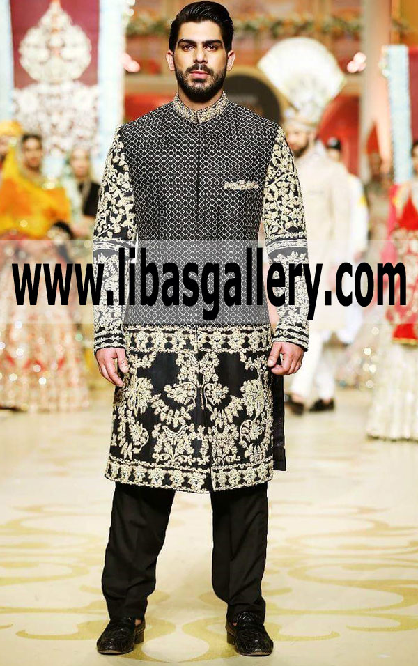 Black and White Wedding Sherwani Suit for Groom Dulha 2018