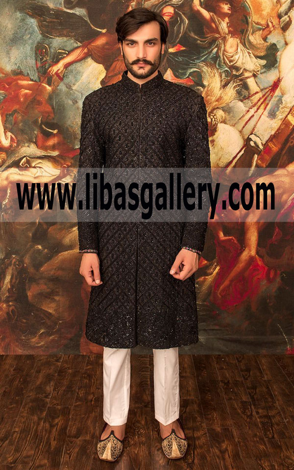 black embroidered sherwani suit for grand day with inner suit groom california USA Men