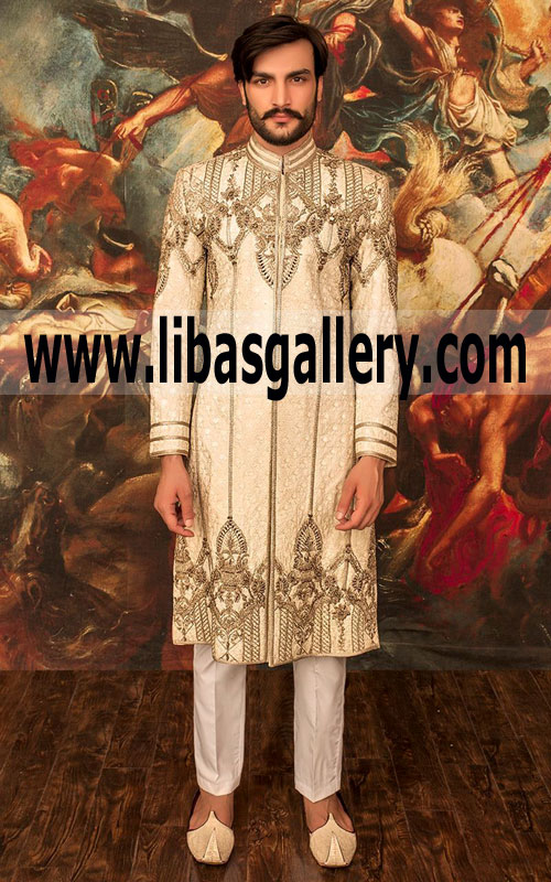 GRand Wedding Sherwani suit in light color with Embellishment on front