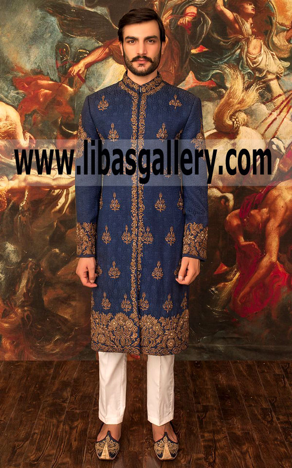  Blue Color Embroidered Wedding Sherwani Suit available online order custom made